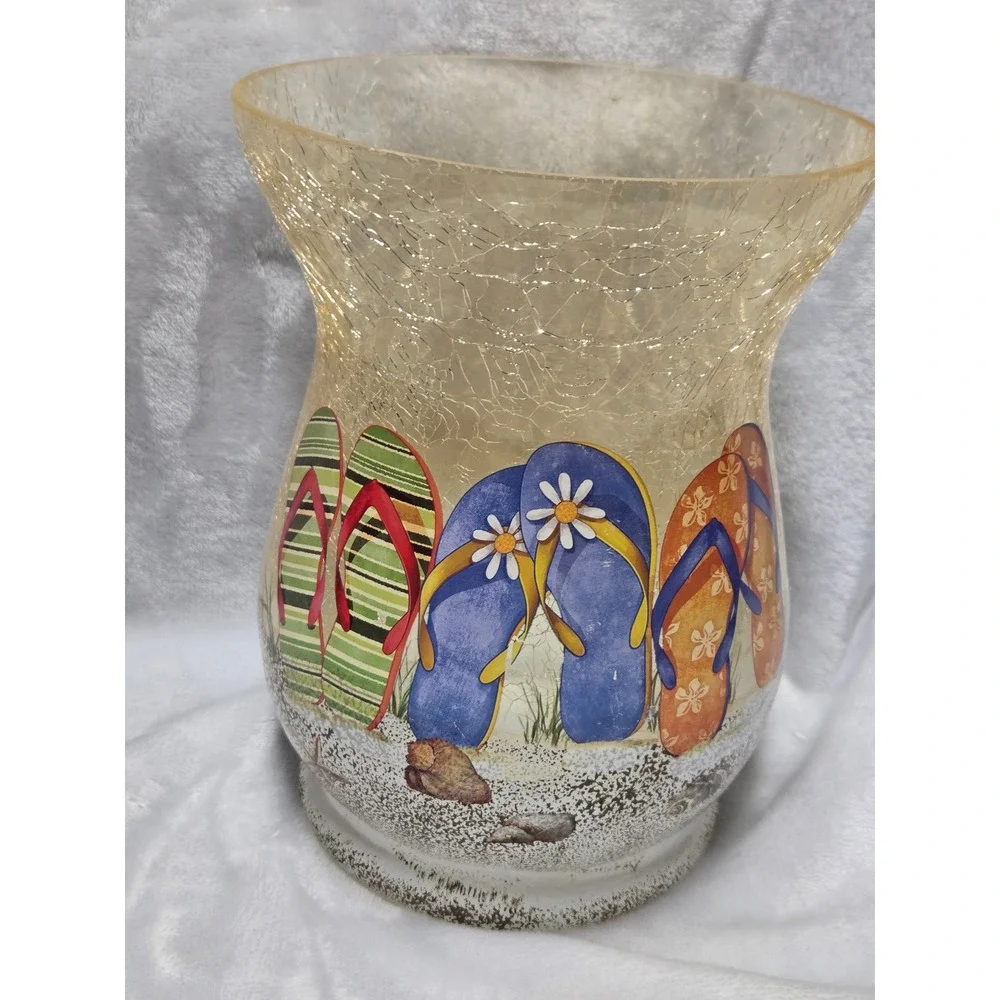 Boscovs Crackled Glass Beach Flip Flops Hurricane Candle Holder Vase V3840BV